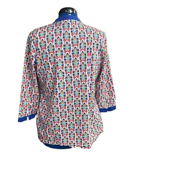 TALBOTS Multicolored Peacock Print Tunic Top Blouse Size Large Petite V-Neck - Picture 3 of 11
